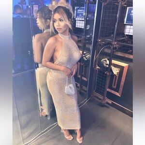Embellished Sheer Nude Bodycon Halter Dress